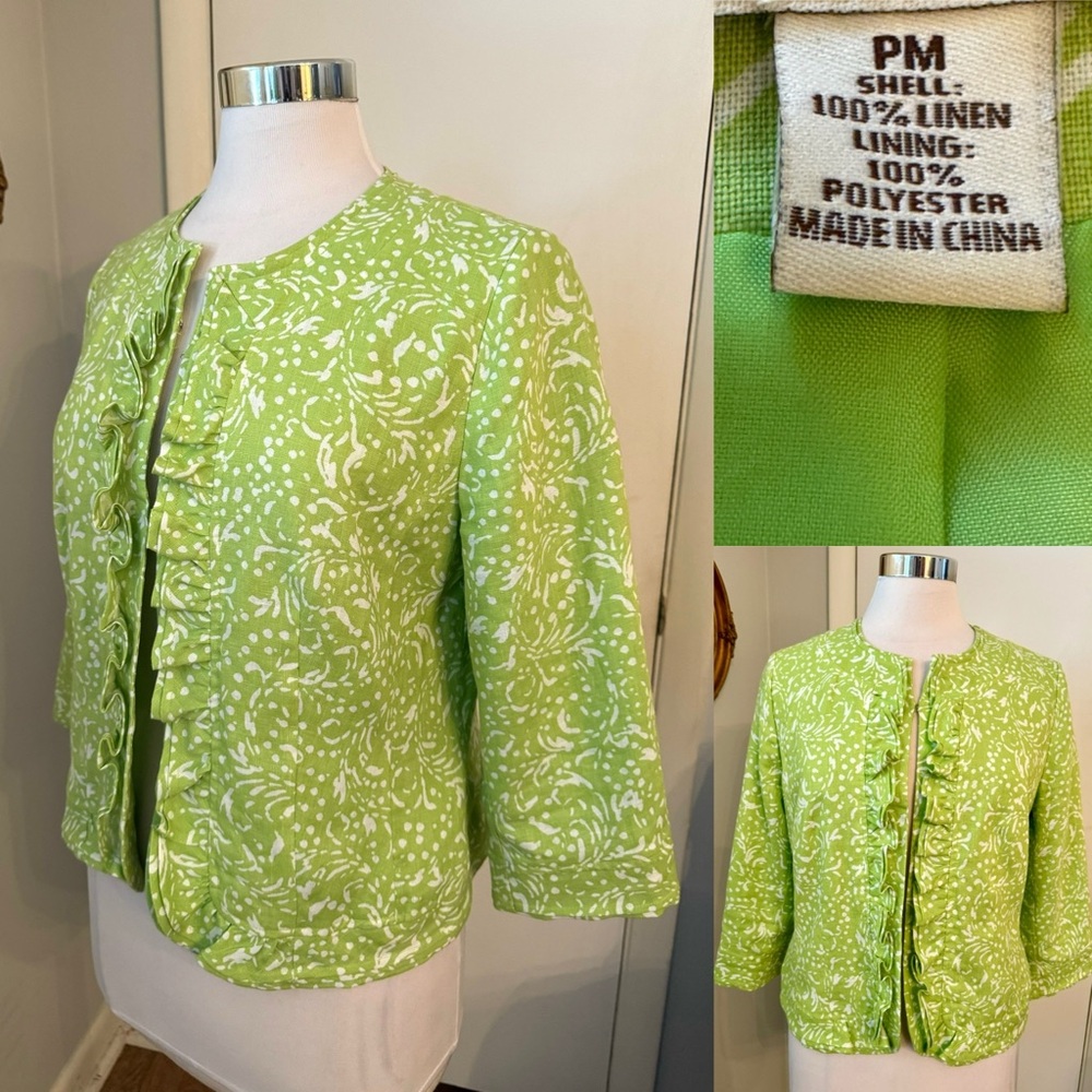 Linen Open front Blazer Green White Spring Jacket Ruffle front MP M Summer Print